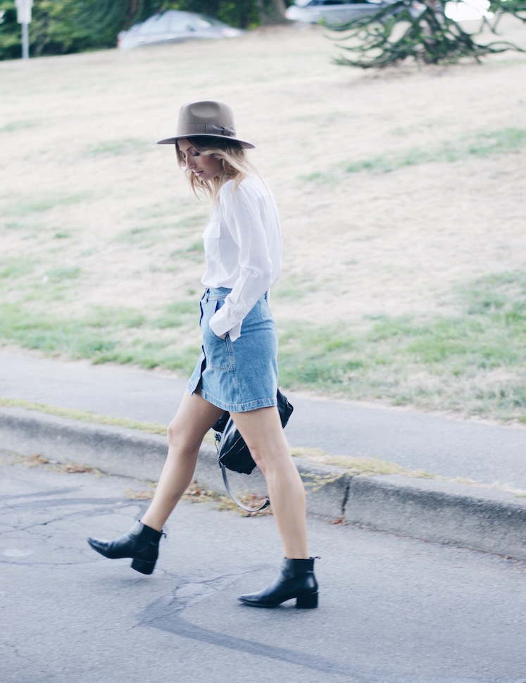 button up jean skirt, fall trends, street style
