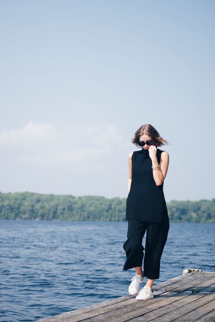 black turtleneck, culottes, stan smith sneakers