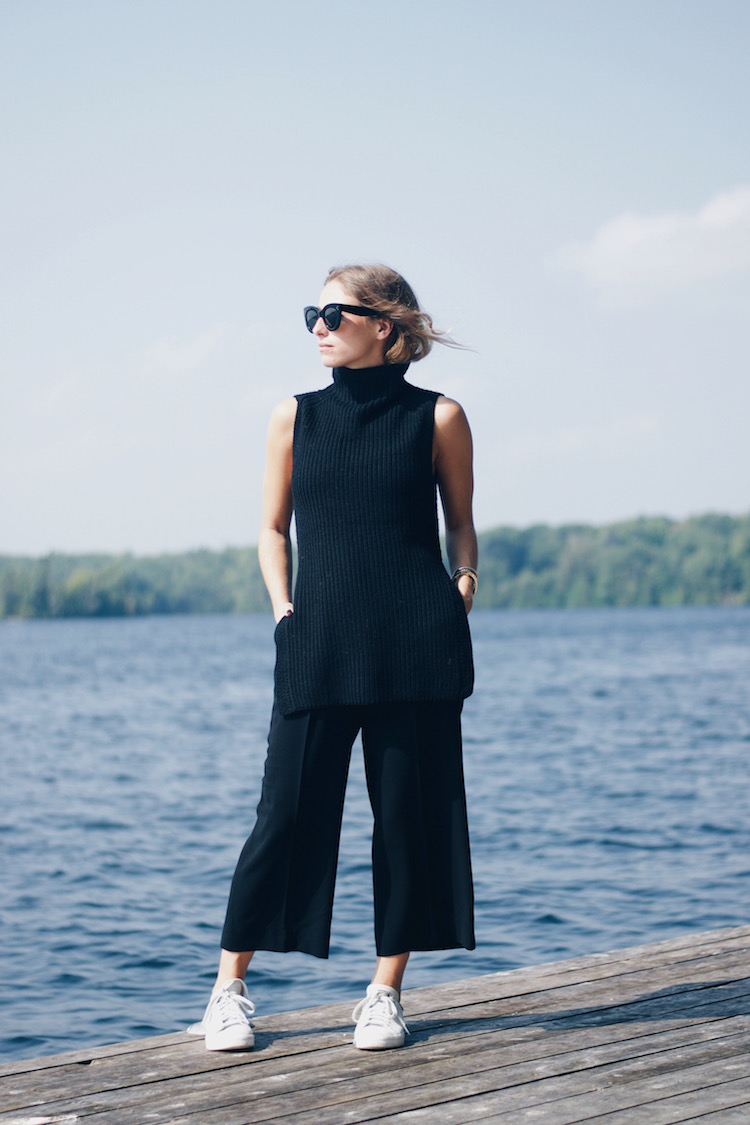 black turtleneck, culottes, fall fashion