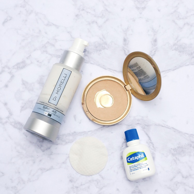 beauty essentials, cetaphil, jane iredale powder foundation, sunscreen