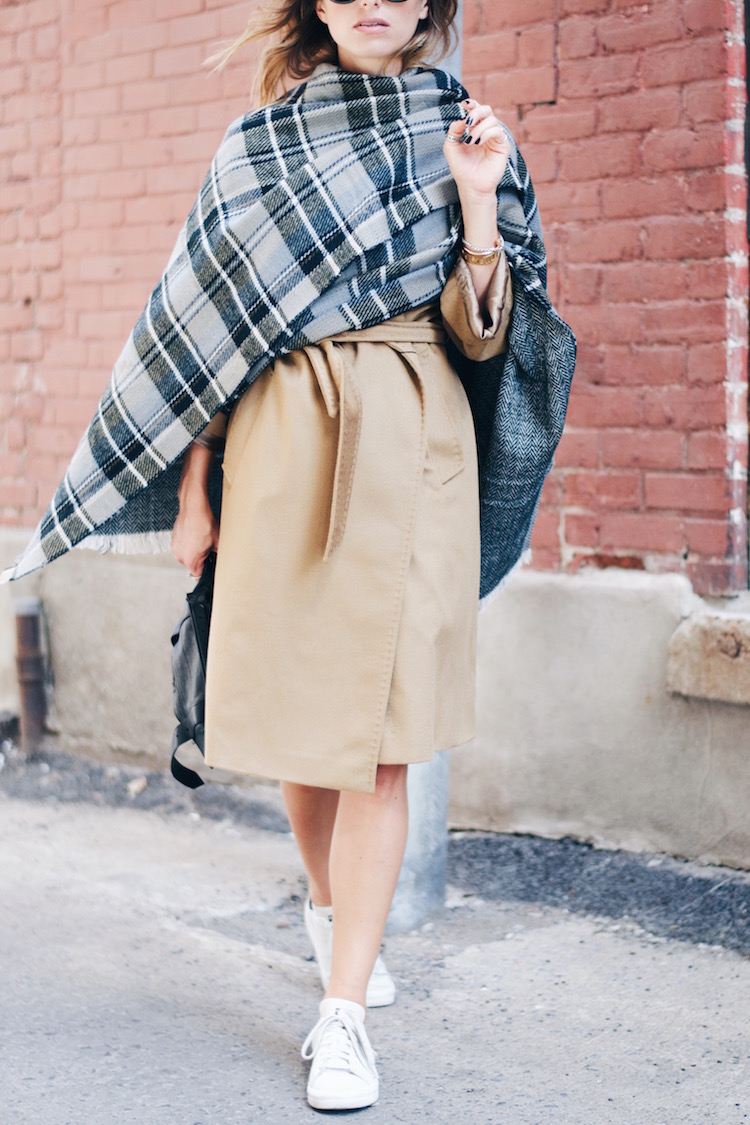 fall fashion street style, camel coat, plaid scarf, white sneakers