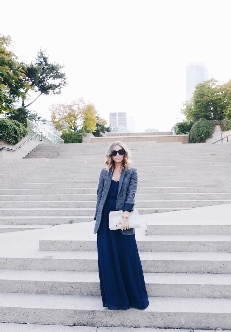 gala, navy strapless dress, blazer, celine sunglasses