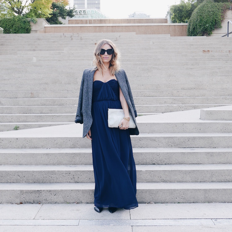 nordstrom gala, navy strapless dress, blazer