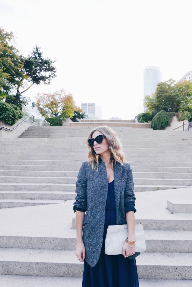 navy dress, tweed blazer, french chic