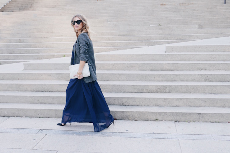 street style, navy maxi dress, blazer, celine sunglasses