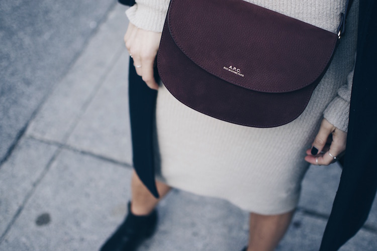 A.P.C cross body bag, beige knit dress, fashion week