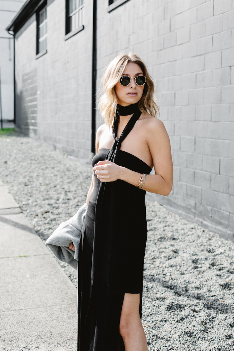 black strapless zara dress, neck scarf, ray ban round sunglasses