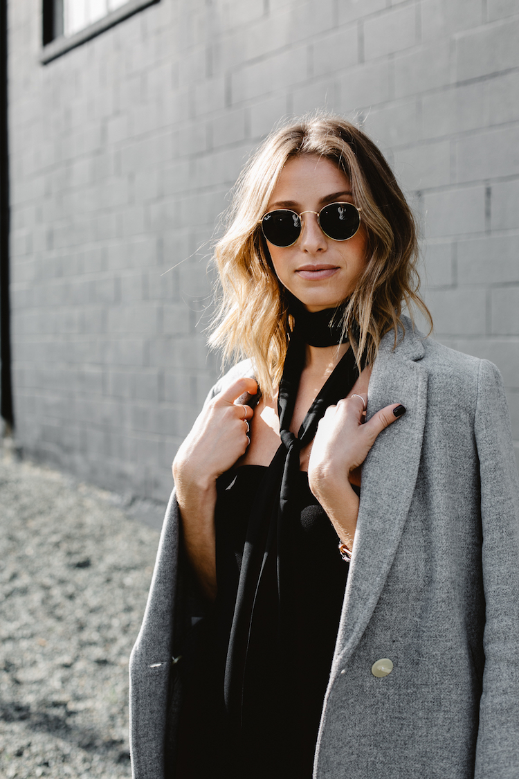 cocktail outfit, grey coat, all black