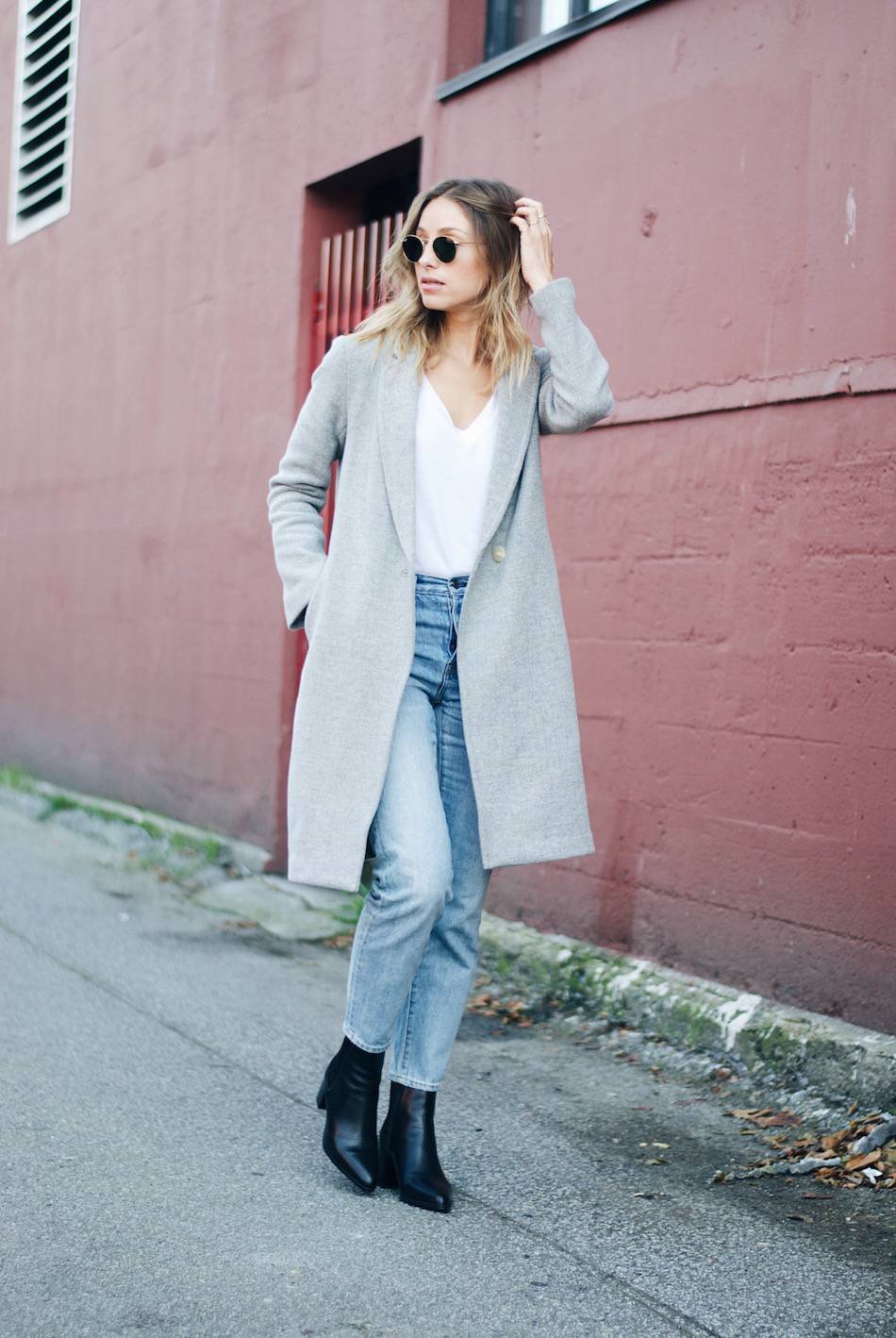 grey coat, girlfriend jeans, black booties