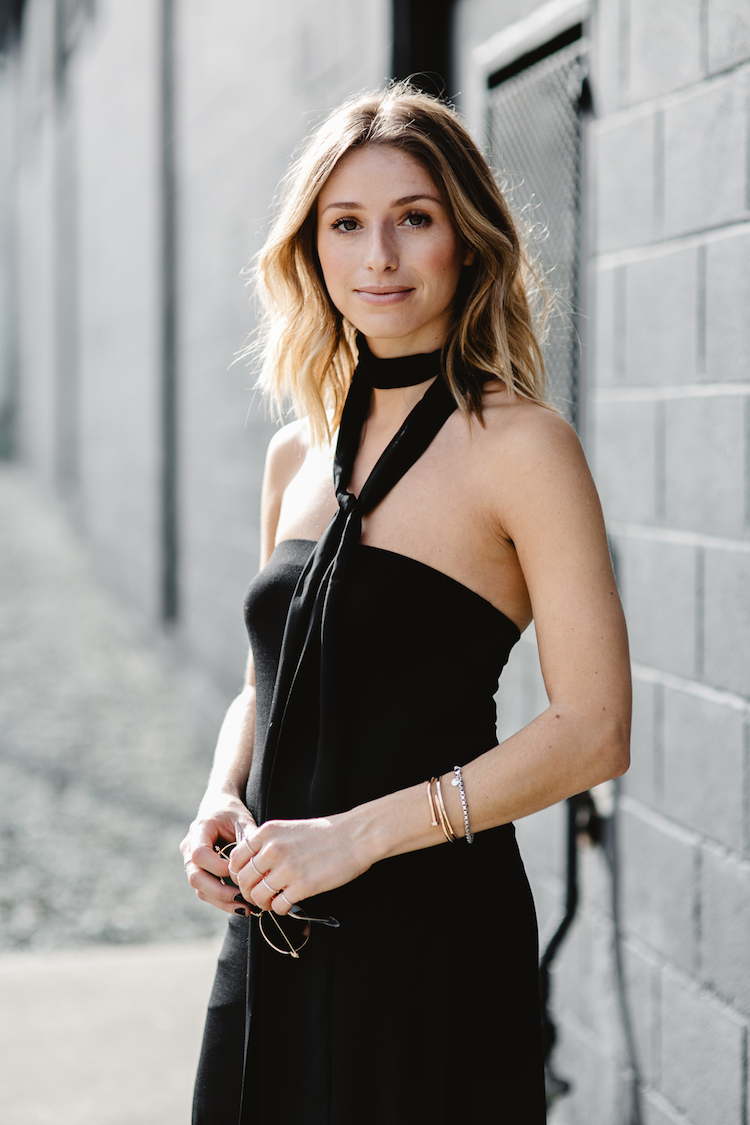 skinny neck scarf, blonde waves, smile