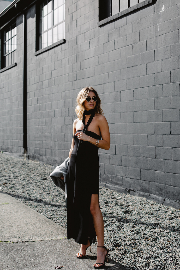 strapless black dress, skinny neck scarf, nudist heels