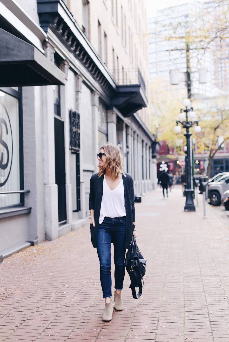 eris and thread grey sweater, street style, jeans, dicker boots