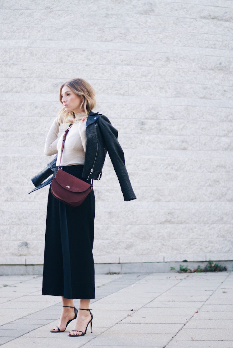 fashion week 2015 street style culottes leather jacket apc bag
