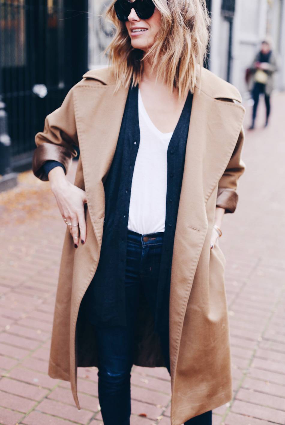 layering, grey cardigan, max mara camel coat