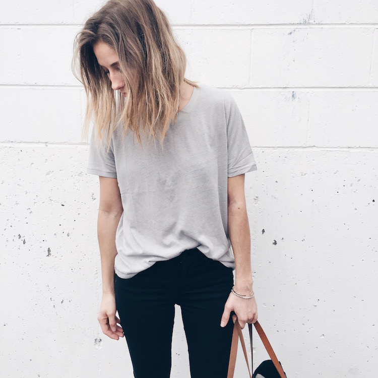 madewell grey t-shirt, black jeans