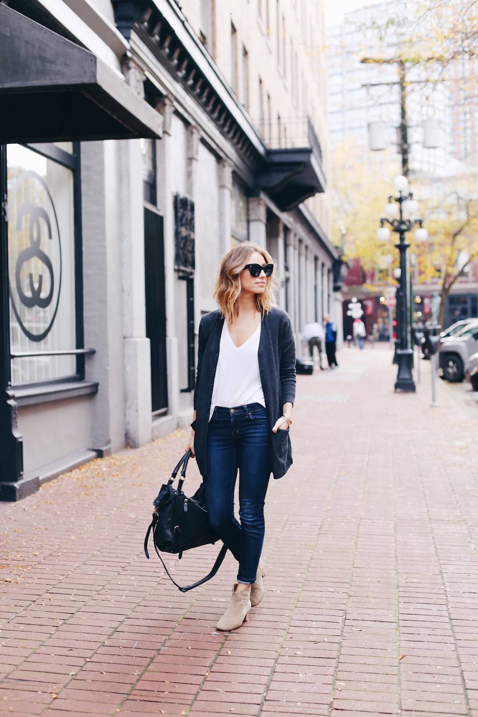 perfect grey cardigan, eris and thread, celine sunglasses, weekend street style