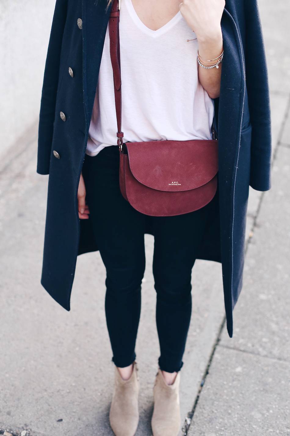 APC burgundy bag, isabel marant taupe dicker boots