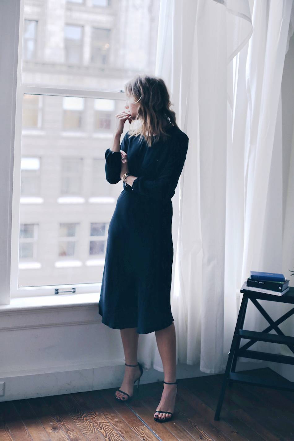 black long sleeve silk dress