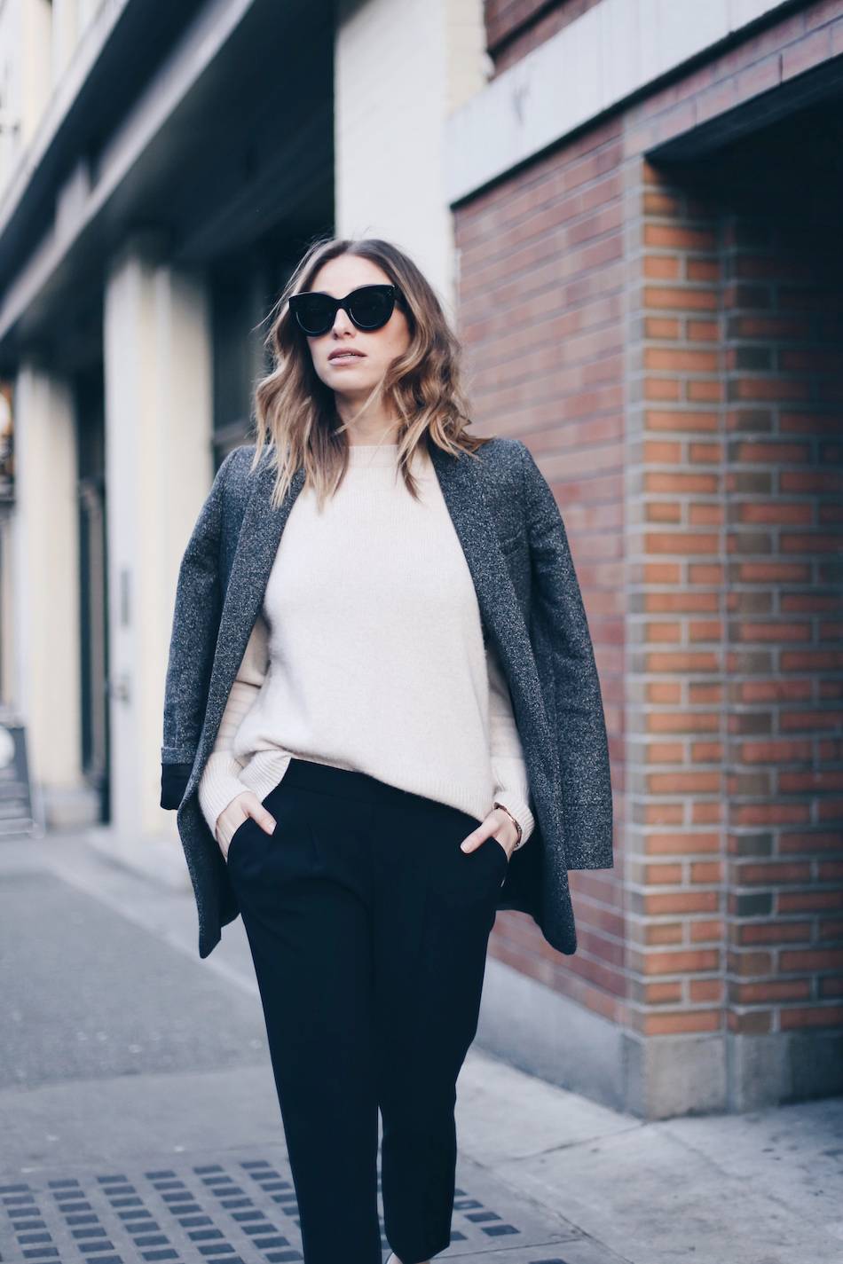 cream sweater, blazer, celine caty sunglasses