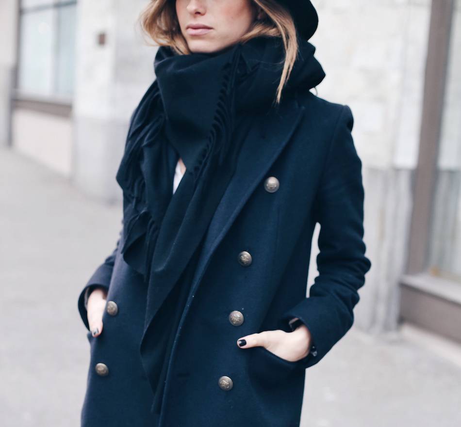 navy coat, black acne scarf