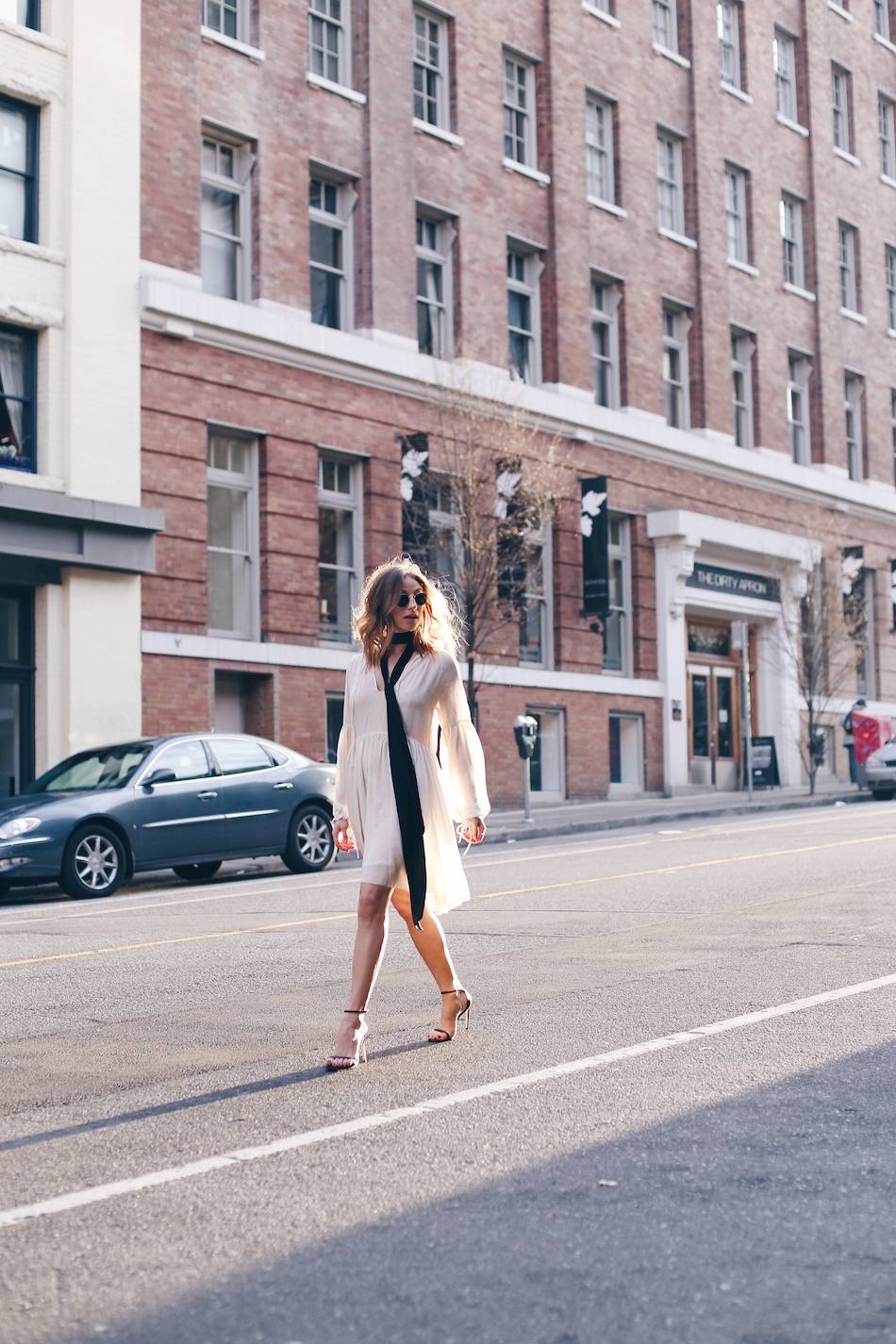 white dress, neck scarf