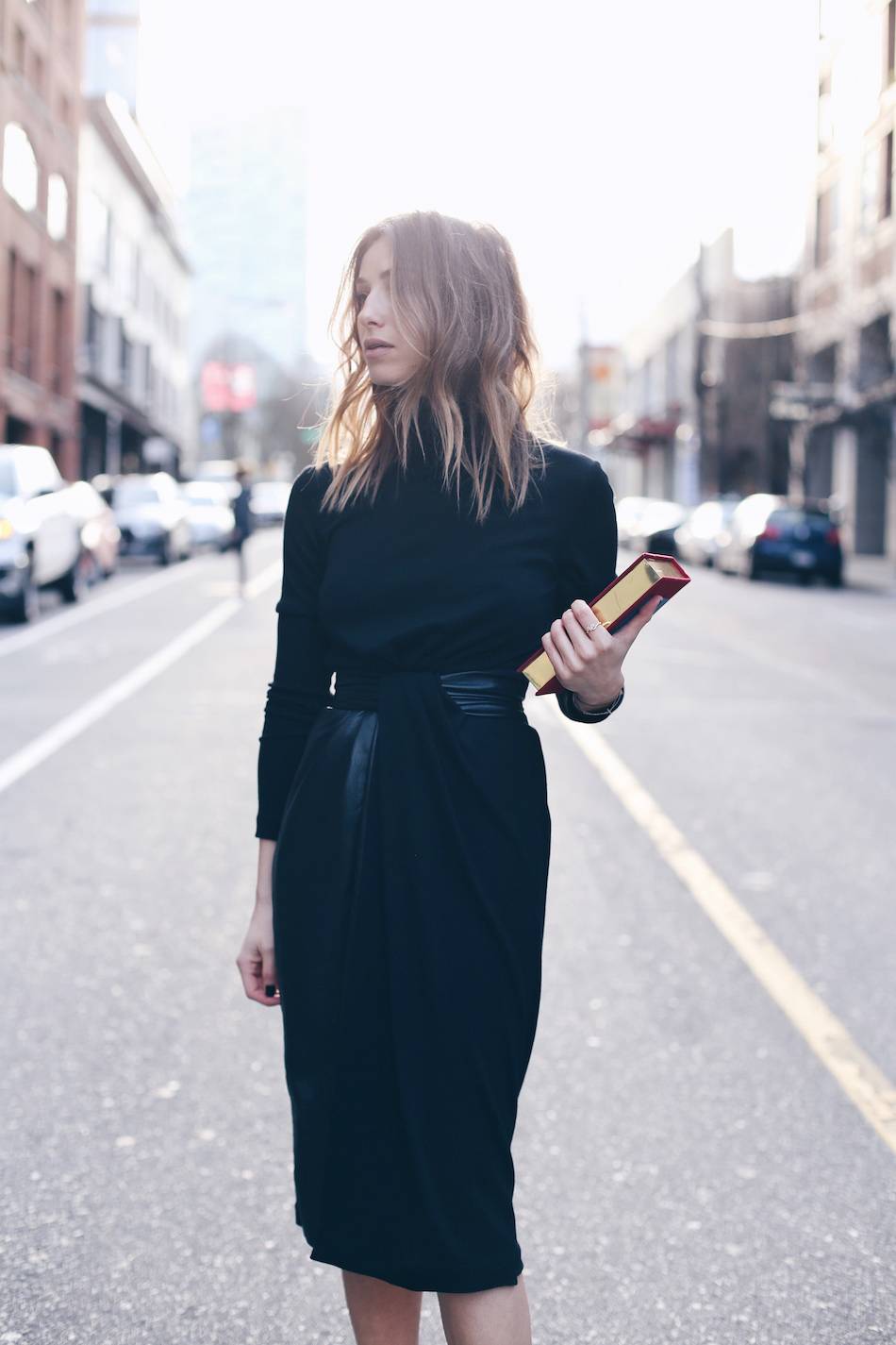 black vionnet draped dress