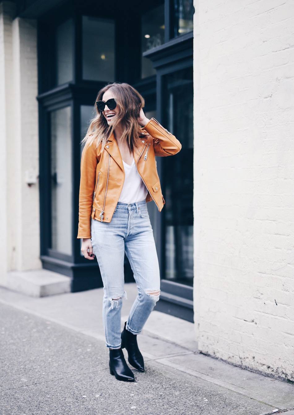 casual look with tan leather jacket
