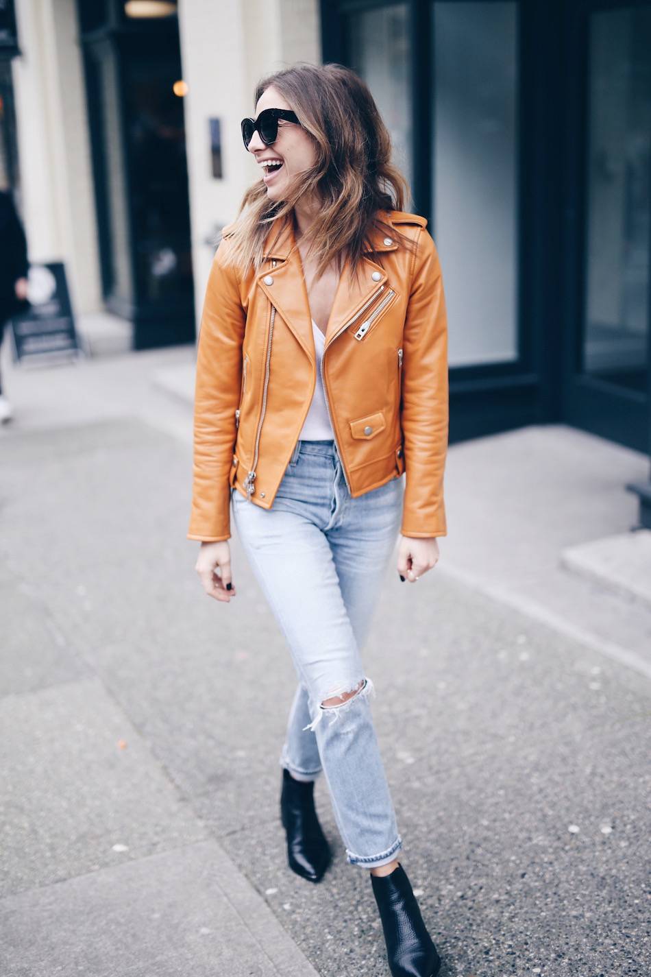 casual weekend look with tan leather jacket