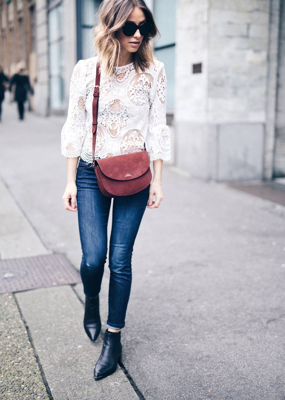 denim and white lace spring outfit