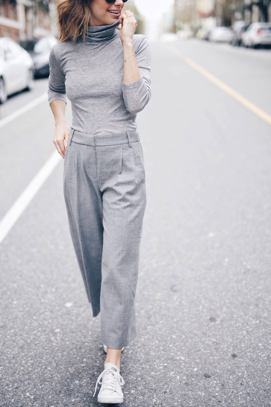 grey on grey, culottes, white sneakers
