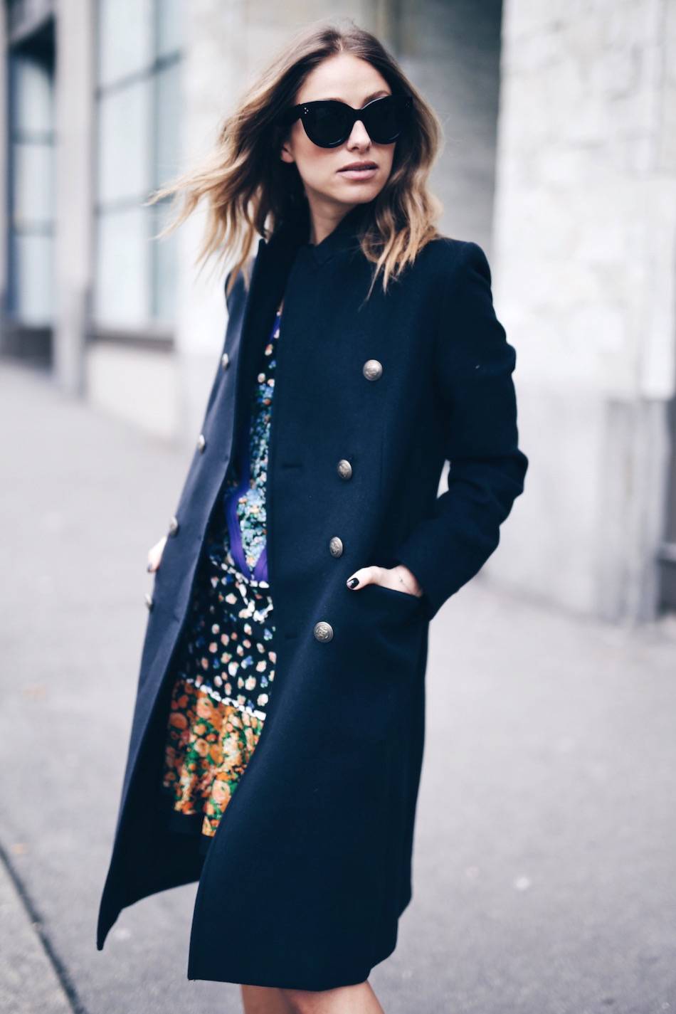 spring floral dress with navy coat