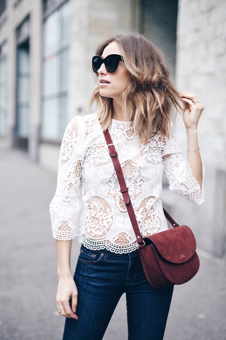 spring outfit lace top denim