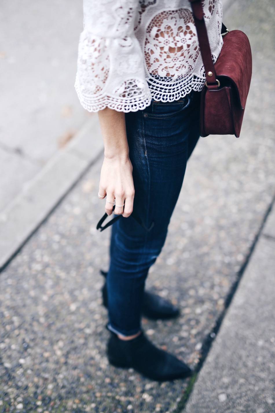 white lace top, burgundy APC bag