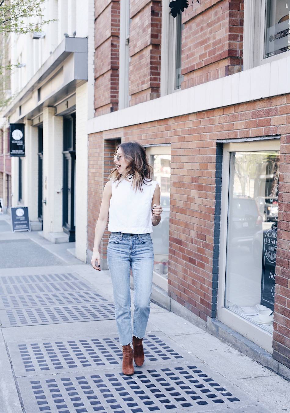 crop top jeans neck scarf street style