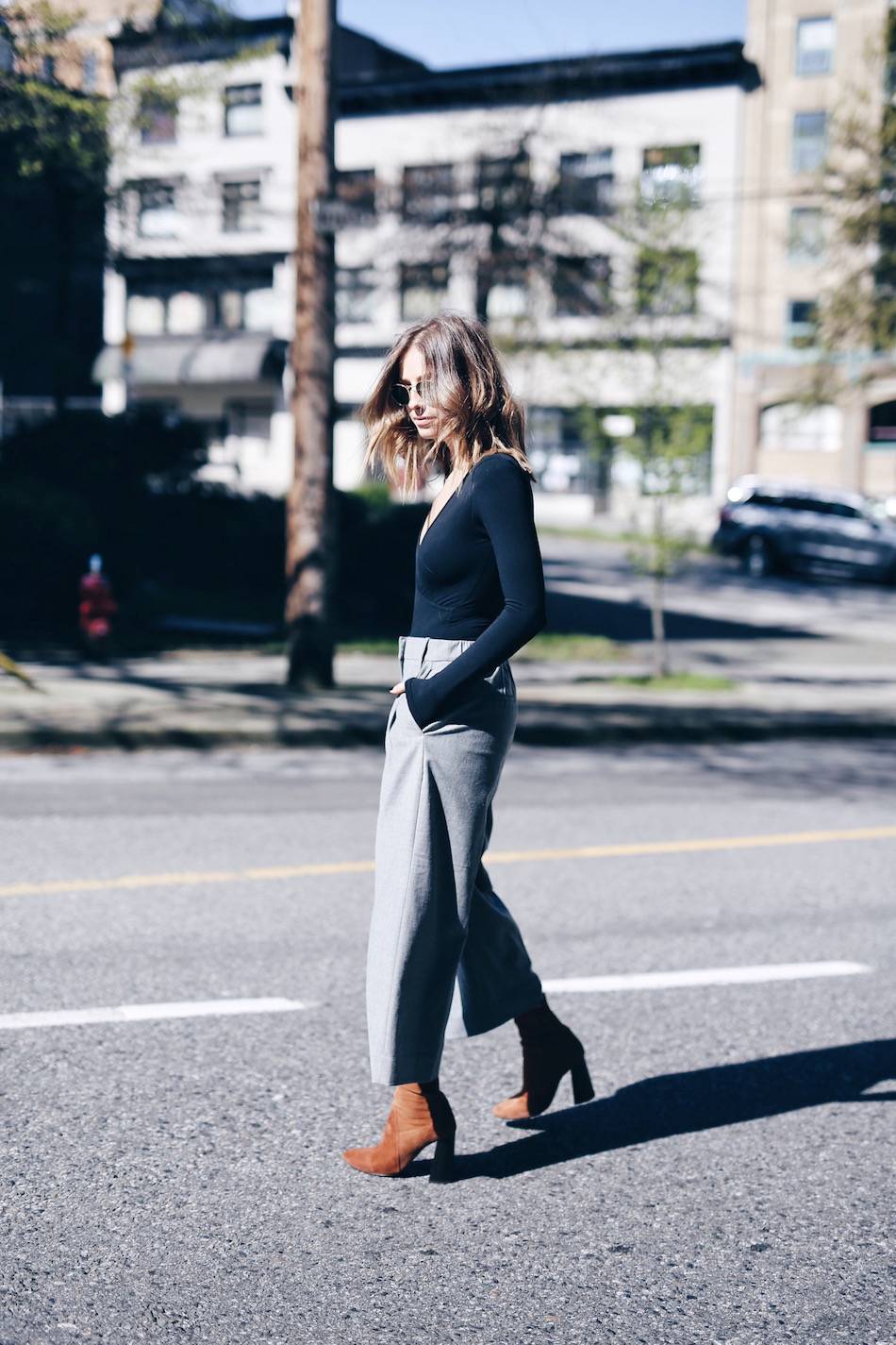 street style brown suede boots, black bodysuit