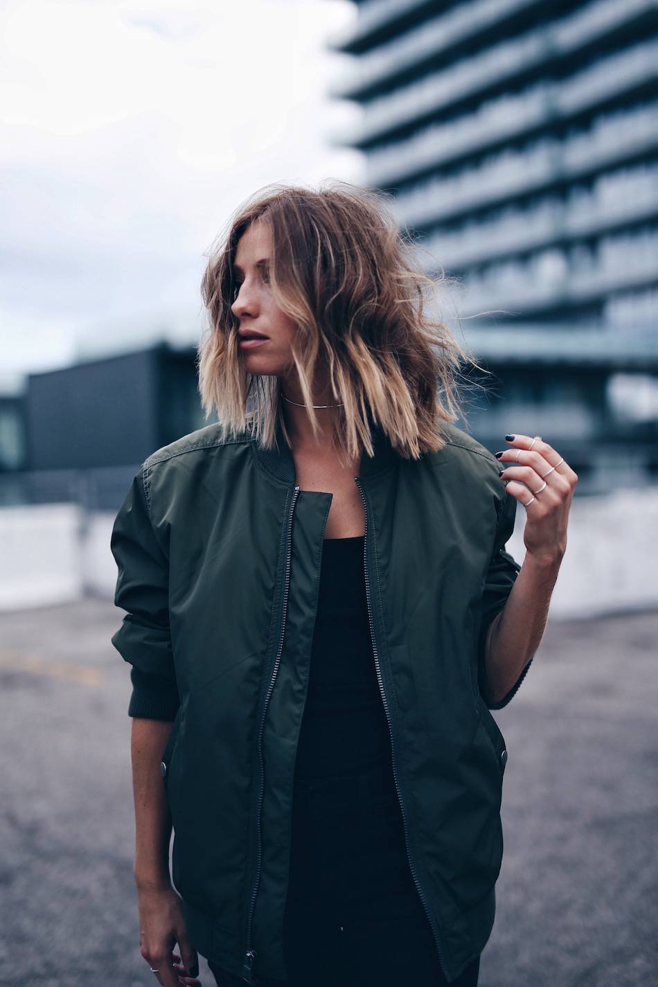 long bob with blonde ombre, bomber jacket