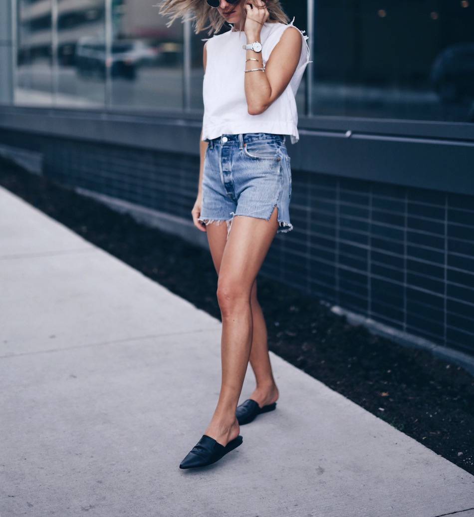 shop redone denim shorts, vince mule slides 