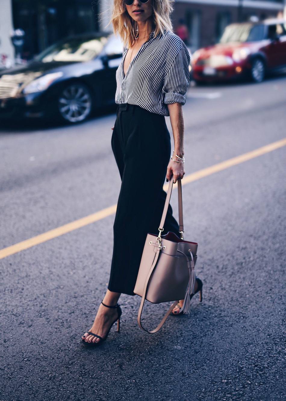 striped shirt, culottes, bucket bag 