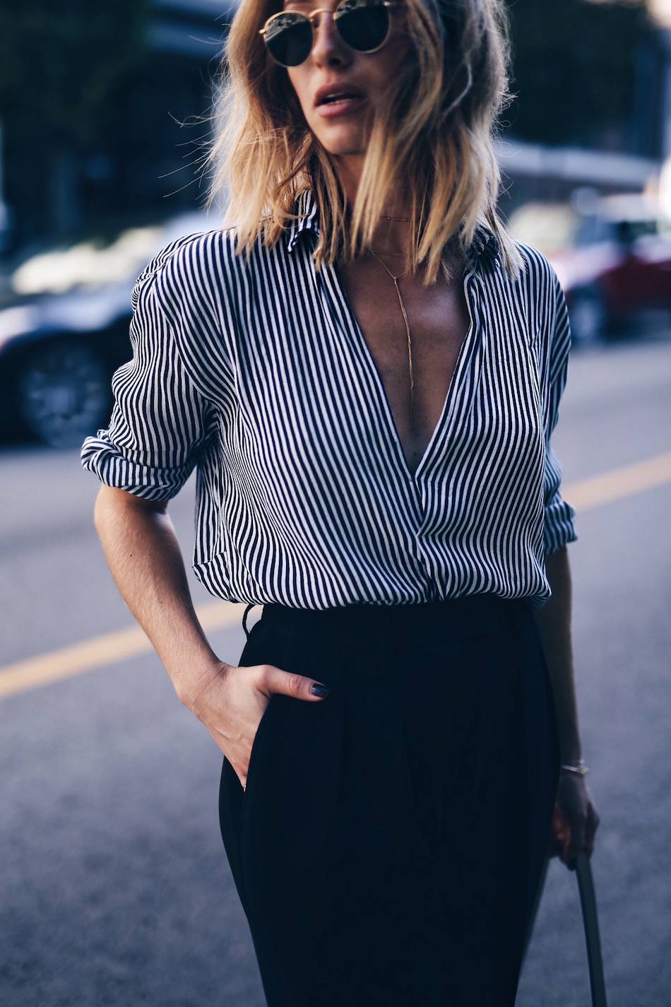 personal style, striped shirt, lariat necklace