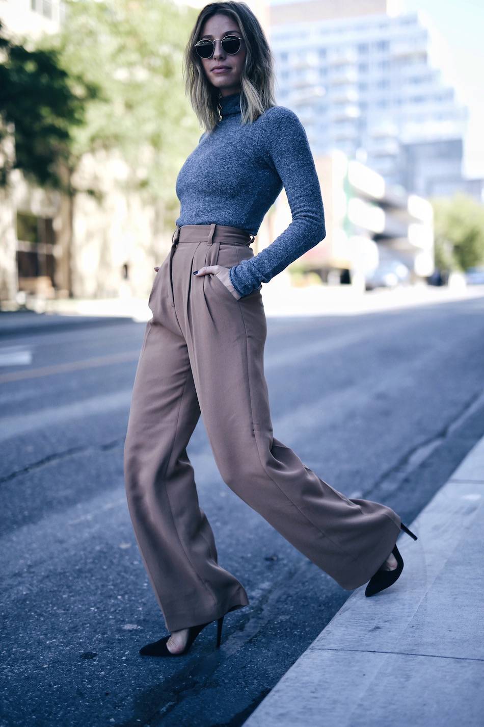 camel trousers with grey turtleneck