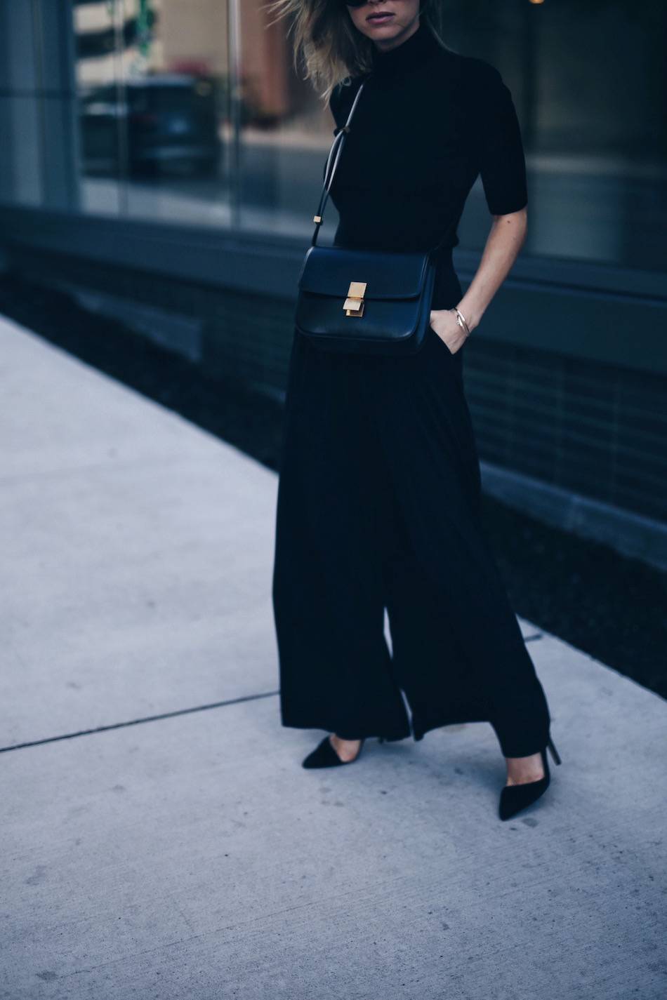 wide leg pants, black turtleneck, celine box bag