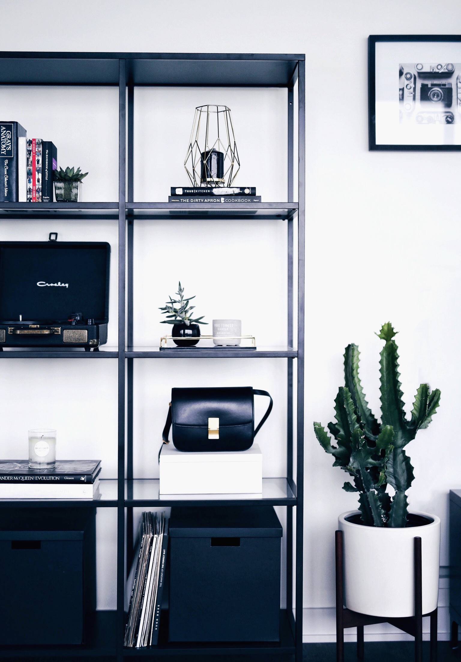 modern and minimalist shelf styling, celine bag