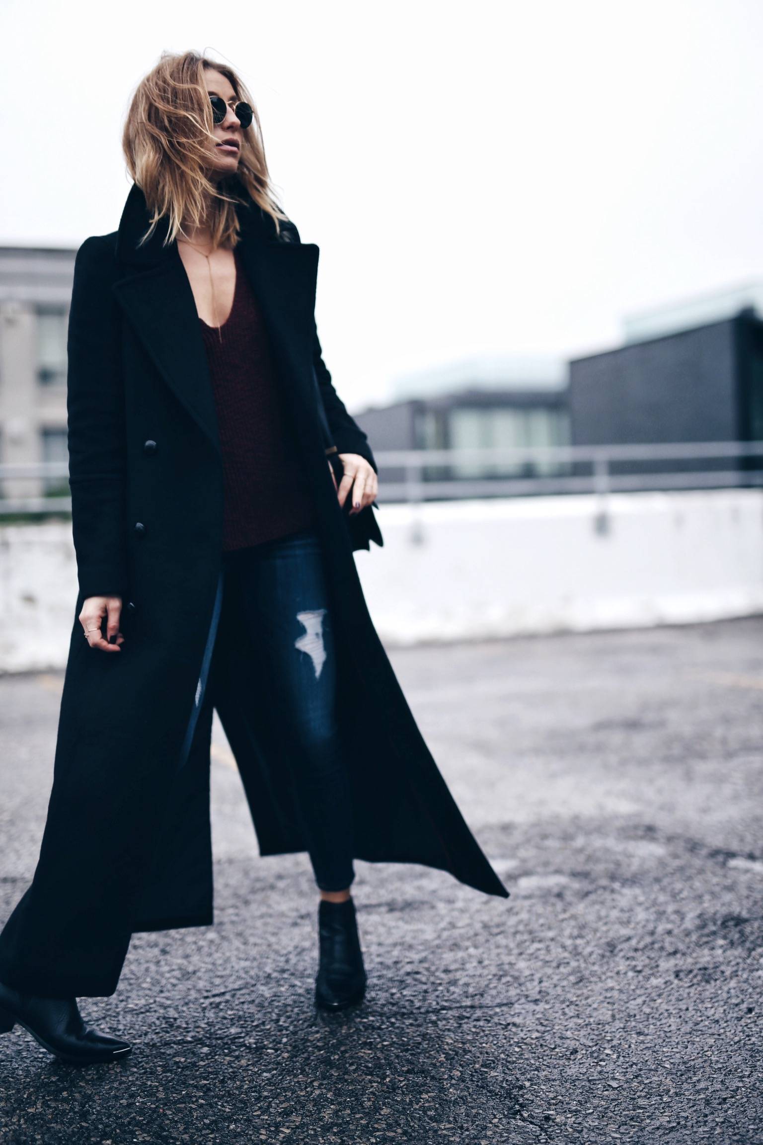 black maxi coat, street style