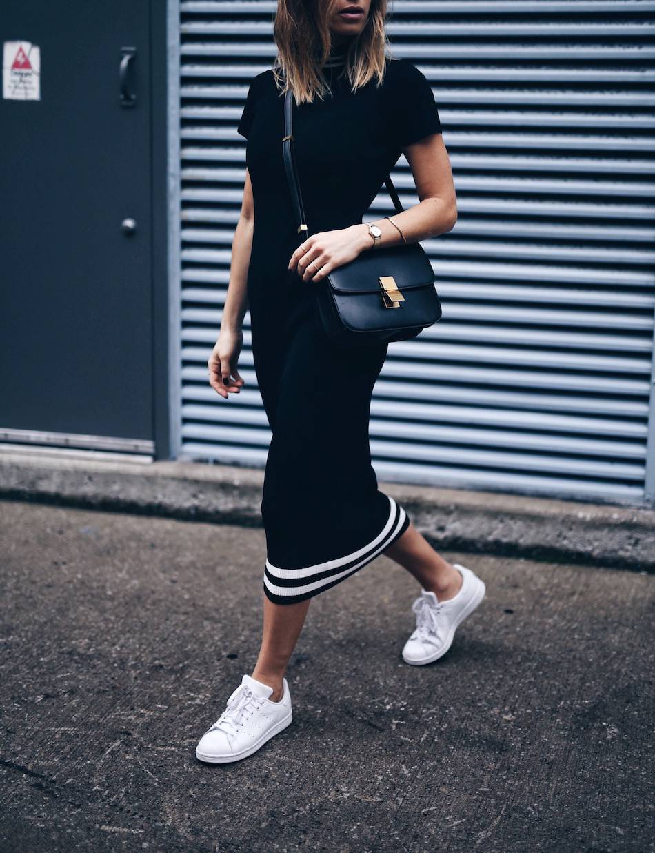 sporty dress with celine box bag and stan smiths
