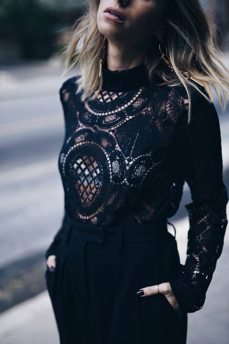 black lace top, statement earrings