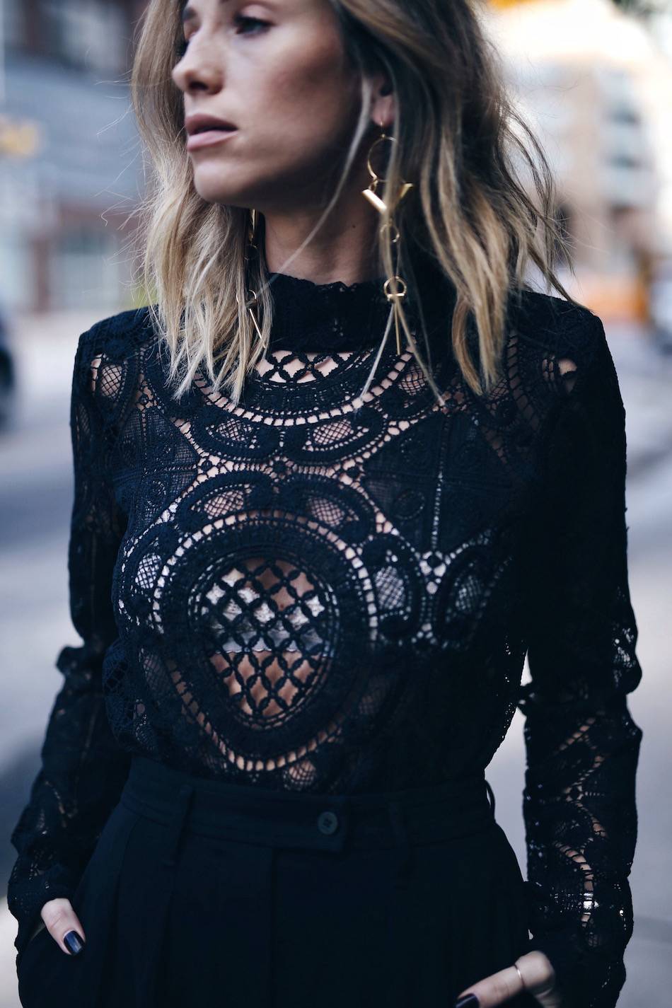 black lace top, adia kibur earrings from shopbop