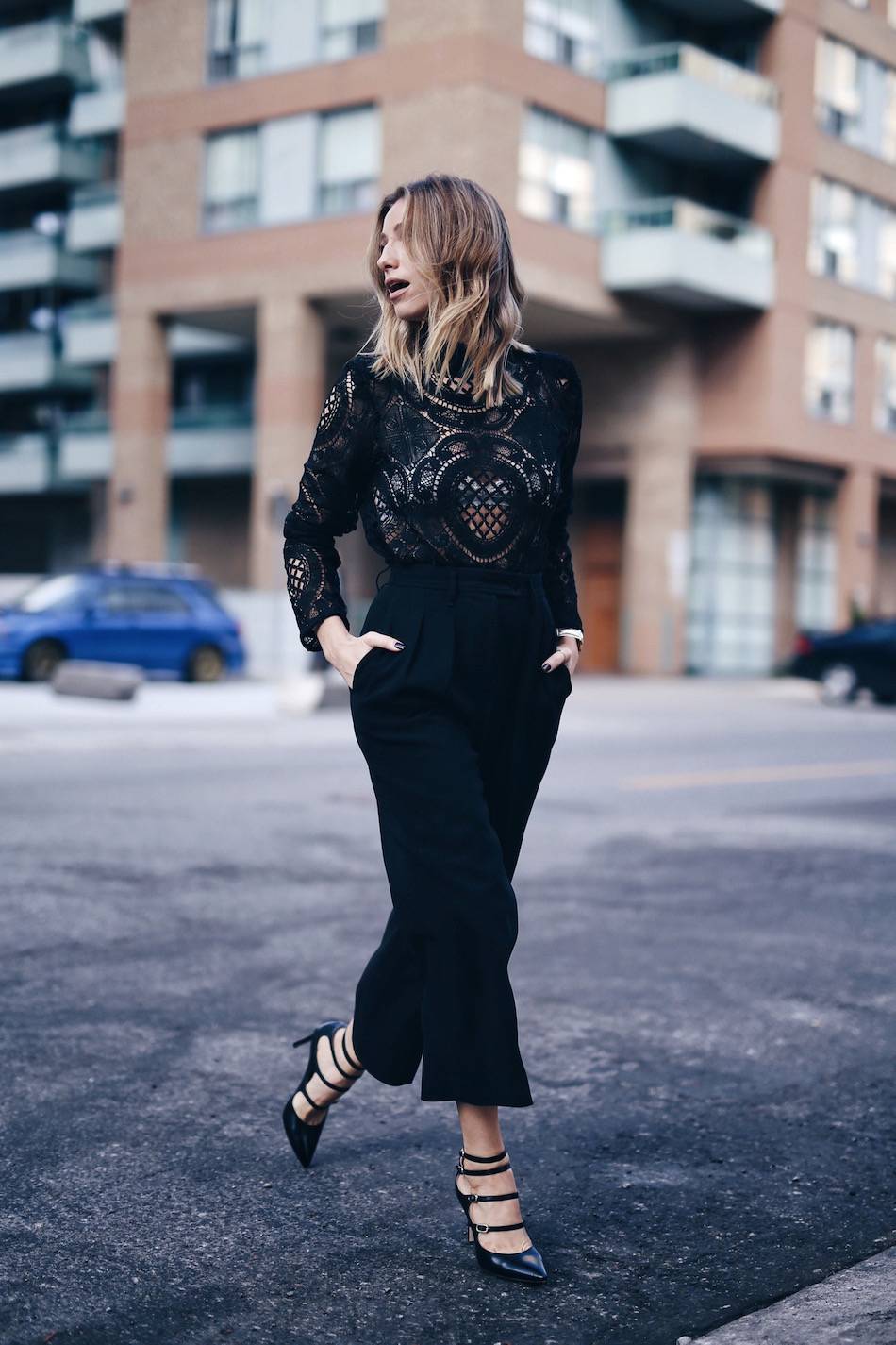 black culottes, lace top, marion parke shoes