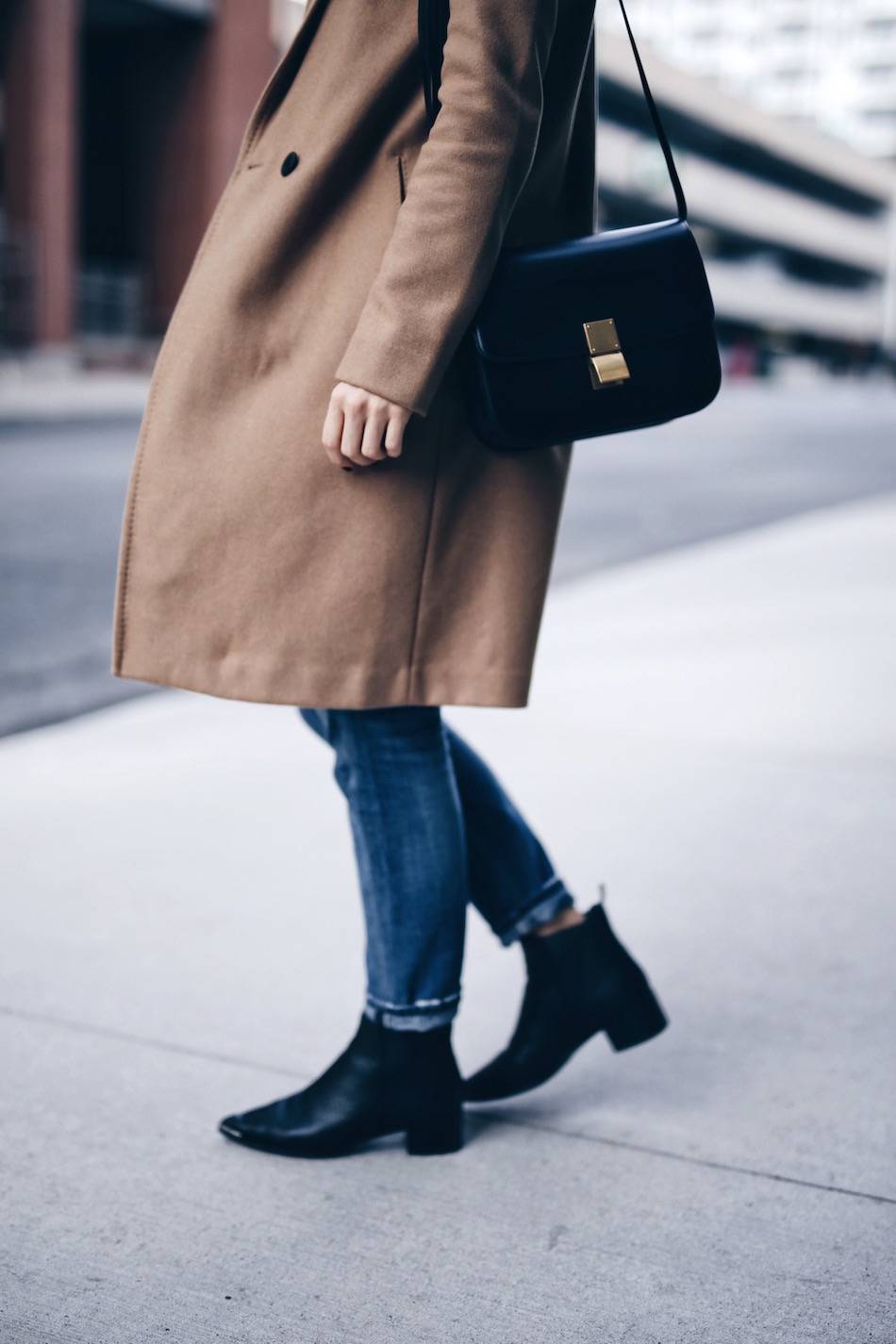 camel coat, celine box bag, acne jensen boots