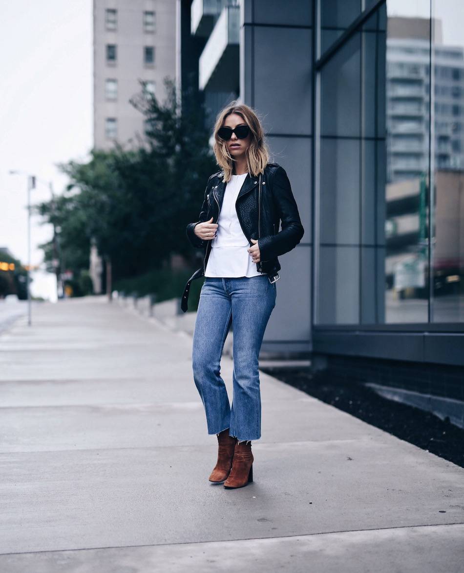 casual chic street style with leather jacket, denim, carven blouse