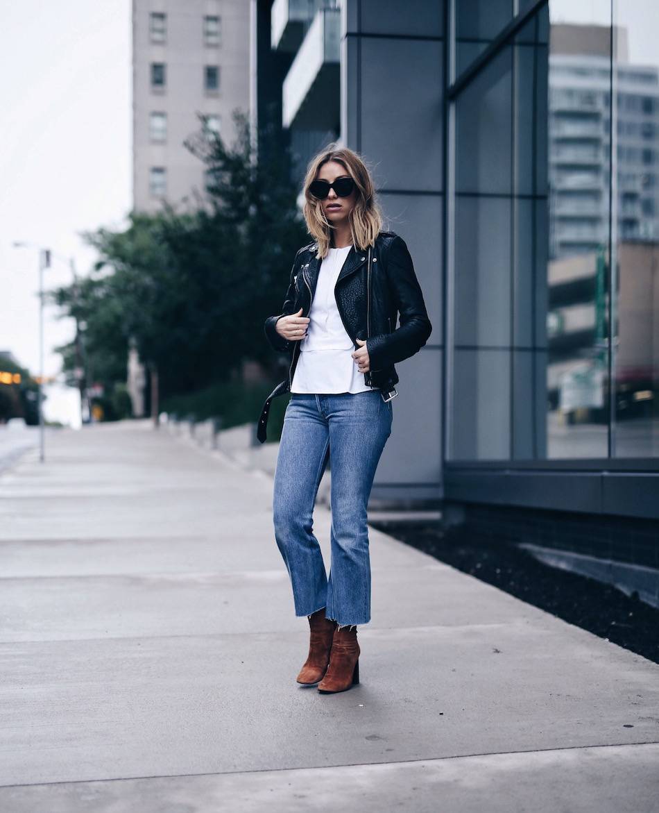 Style expert Jill Lansky of The August Diaries shows leather jacket outfit ideas